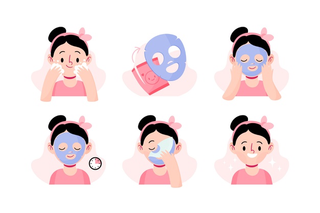 Na rysunku poprawna instrukcja aplikacji koreańskiej maseczki w płachcie - dziewczyna myje twarz, nakłada maseczkę, odczekuje, ściąga i wklepuje resztki w skórę. 